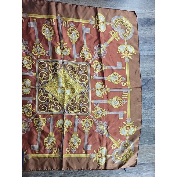 Lancel Rolled Hem Silk Scarf Decorative Scroll Keys Brown Square 34" x 34.5" - Picture 5 of 7